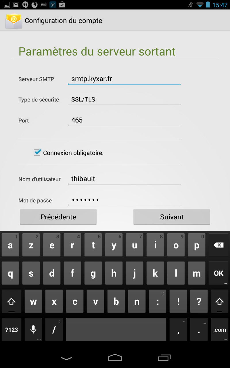 Android 4.3 : Configuration d'un compte de messagerie